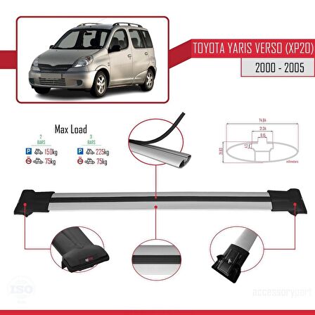 Toyota Yaris Verso (XP20) 2000-2005 Arası ile Uyumlu FLY Model Ara Atkı Tavan Barı GRİ