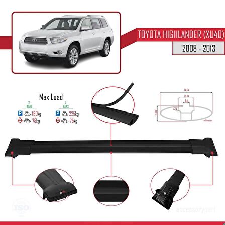Toyota Highlander (XU40) 2008-2013 Arası ile Uyumlu FLY Model Ara Atkı Tavan Barı SİYAH