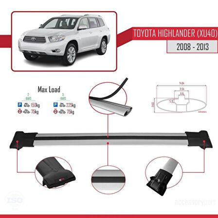 Toyota Highlander (XU40) 2008-2013 Arası ile Uyumlu FLY Model Ara Atkı Tavan Barı GRİ