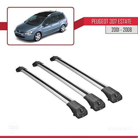 Peugeot 307 ESTATE 2001-2008 Arası ile uyumlu ACE-1 Ara Atkı Tavan Barı GRİ 3 ADET BAR
