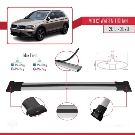 Volkswagen Tiguan 2016-2020 Arası ile Uyumlu FLY Model Ara Atkı Tavan Barı GRİ 3 ADET BAR