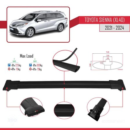 Toyota Sienna (XL40) 2021 ve Sonrası ile Uyumlu FLY Model Ara Atkı Tavan Barı SİYAH 3 ADET BAR