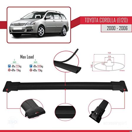Toyota Corolla (E120) 2000-2006 Arası ile Uyumlu FLY Model Ara Atkı Tavan Barı SİYAH 3 ADET BAR