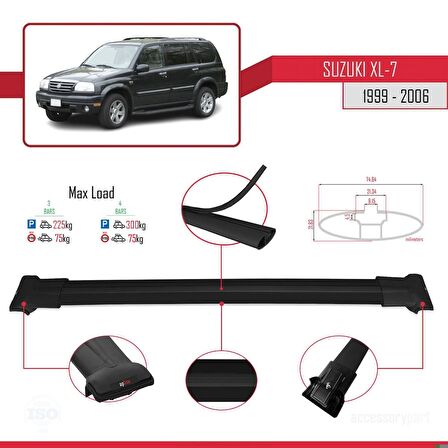 Suzuki XL-7 1999-2006 Arası ile Uyumlu FLY Model Ara Atkı Tavan Barı SİYAH 3 ADET BAR