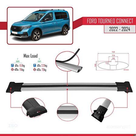 Ford Turneo Connect 2022 ve Sonrası ile Uyumlu FLY Model Ara Atkı Tavan Barı GRİ