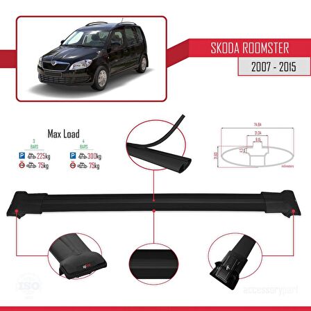 Skoda Roomster 2007-2015 Arası ile Uyumlu FLY Model Ara Atkı Tavan Barı SİYAH 3 ADET BAR