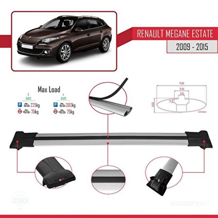 Renault Megane GRANDTOUR 2009-2015 Arası ile Uyumlu FLY Model Ara Atkı Tavan Barı GRİ 3 ADET BAR