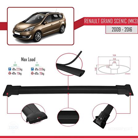 Renault Grand Scenic (Mk3) 2009-2016 Arası ile Uyumlu FLY Model Ara Atkı Tavan Barı SİYAH 3 ADET BAR