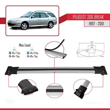 Peugeot 306 Estate 1997-2001 Arası ile uyumlu FLY Model Ara Atkı Tavan Barı GRİ 3 ADET BAR