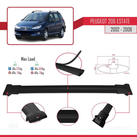 Peugeot 206 Estate 2002-2008 Arası ile uyumlu FLY Model Ara Atkı Tavan Barı SİYAH 3 ADET BAR