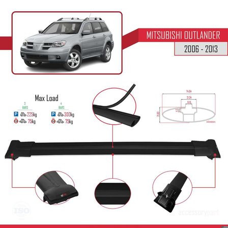 Mitsubishi Outlander 2006-2013 Arası ile Uyumlu FLY Model Ara Atkı Tavan Barı SİYAH 3 ADET BAR