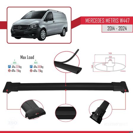 Mercedes Metris (W447) 2014 ve Sonrası ile uyumlu FLY Model Ara Atkı Tavan Barı SİYAH 3 ADET BAR