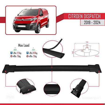 Citroen Dispatch 2019 ve Sonrası ile uyumlu FLY Model Ara Atkı Tavan Barı SİYAH 4 ADET