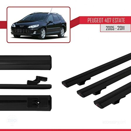 Peugeot 407 ESTATE 2005-2011 Arası ile uyumlu Basic Model Ara Atkı Tavan Barı SİYAH 3 ADET