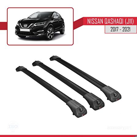 Nissan Qashqai 2017-2021 Arası ile uyumlu ACE-1 Ara Atkı Tavan Barı SİYAH 3 ADET BAR