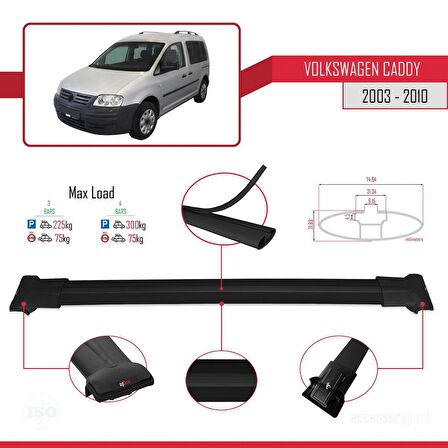 Volkswagen Caddy 2003-2010 Arası ile uyumlu FLY Model Ara Atkı Tavan Barı SİYAH 3 ADET BAR