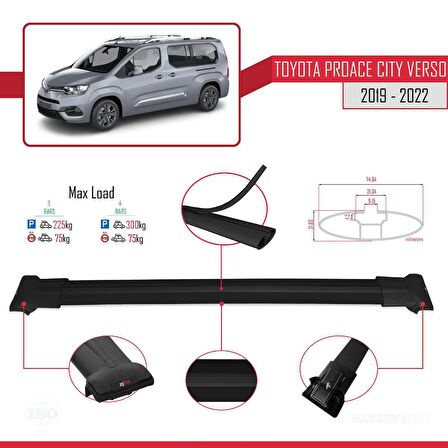 Toyota Proace City Verso 2019-2022 Arası ile uyumlu FLY Model Ara Atkı Tavan Barı SİYAH 3 ADET BAR