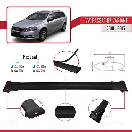 Volkswagen Passat (B7) VARIANT 2010-2015 Arası ile uyumlu FLY Model Ara Atkı Tavan Barı SİYAH