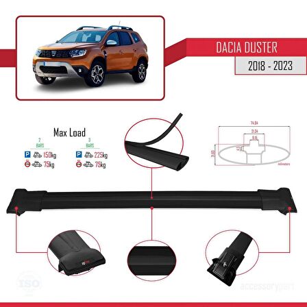 Dacia Duster 2018-2023 Arası ile Uyumlu FLY Model Ara Atkı Tavan Barı SİYAH