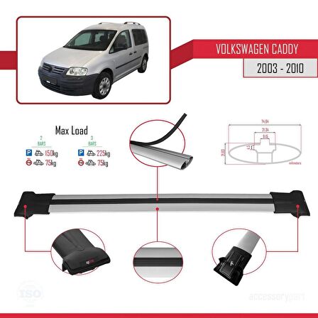 Volkswagen Caddy 2003-2010 Arası ile uyumlu FLY Model Ara Atkı Tavan Barı GRİ