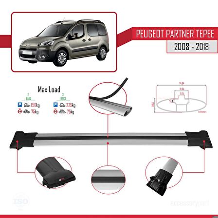 Peugeot Partner Tepee 2008-2018 Arası ile uyumlu FLY Model Ara Atkı Tavan Barı GRİ