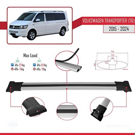 Volkswagen Transporter (T6) 2015 ve Sonrası ile uyumlu FLY Model Ara Atkı Tavan Barı GRİ 3 ADET BAR