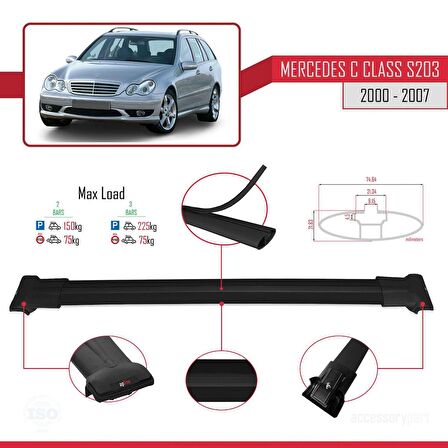 Mercedes C Class (S203) 2000-2007 Arası ile uyumlu FLY Model Ara Atkı Tavan Barı SİYAH