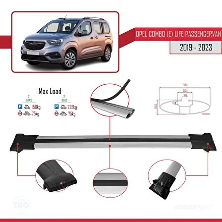 Opel Combo (E) Life PASSENGERVAN 2019-2023 Arası ile Uyumlu FLY Model Ara Atkı Tavan Barı GRİ