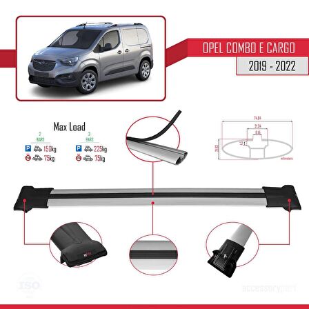 Opel Combo (E) PANELVAN 2019-2022 Arası ile Uyumlu FLY Model Ara Atkı Tavan Barı GRİ