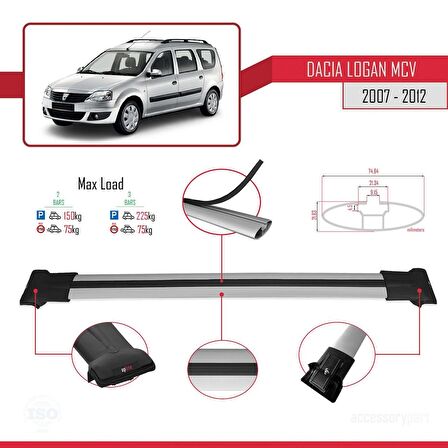 Dacia Logan MCV 2007-2012 Arası ile uyumlu FLY Model Ara Atkı Tavan Barı GRİ