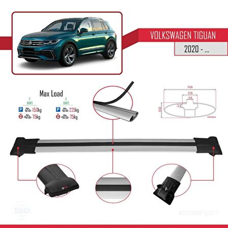 Volkswagen Tiguan 2020-2023 Arası ile Uyumlu FLY Model Ara Atkı Tavan Barı GRİ