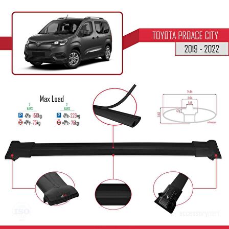 Toyota Proace City 2019-2022 Arası ile Uyumlu FLY Model Ara Atkı Tavan Barı SİYAH