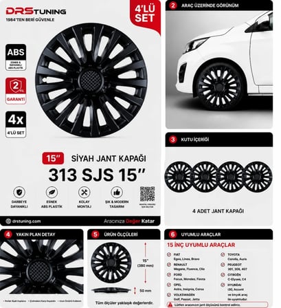 15 Inc Kırılmaz SKS Parlak Siyah Jant Kapağı 1 Takım 4 Adet No:313