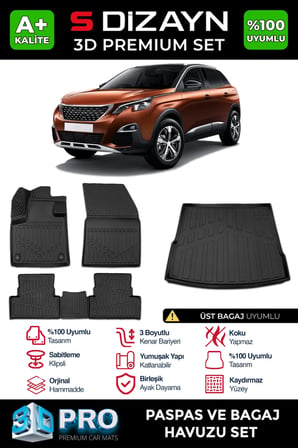 S-Dizayn Peugeot 3008 3D Pro Havuzlu Paspas ve Üst Bagaj Havuzu Seti (2'li SET)  2016-2023 A+ Kalite
