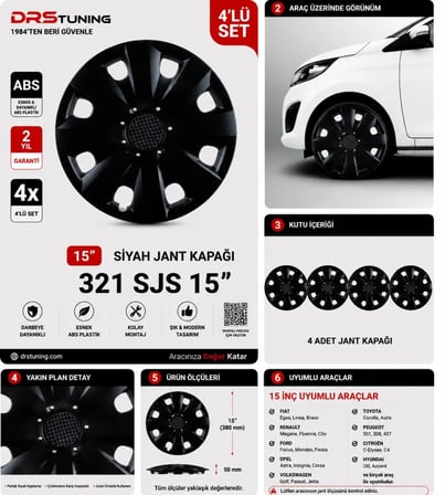 15 Inc Kırılmaz SKS Parlak Siyah Jant Kapağı 1 Takım 4 Adet No:321