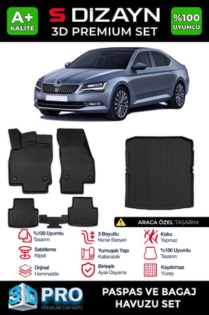 S-Dizayn Skoda SuperB 3D Pro Havuzlu Paspas ve Bagaj Havuzu Seti (2'li SET) 2015-2023 A+ Kalite