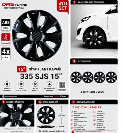 Honda Uyumlu 15 Inç Kırılmaz Parlak Siyah Jant Kapağı 1 Takım 4 Adet No:335
