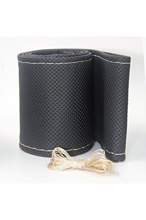 Noktalı Siyah Deri Bej Dikiş Direksiyon Kılıfı