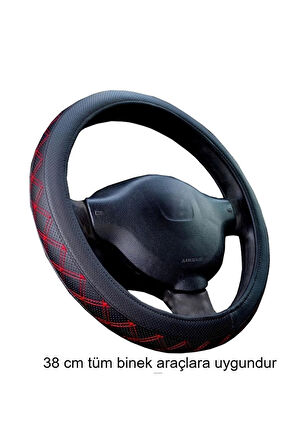 Direksiyon Kılıfı Siyah 38 Cm Geçmeli Binek Araçlara Kırmızı Nakışlı