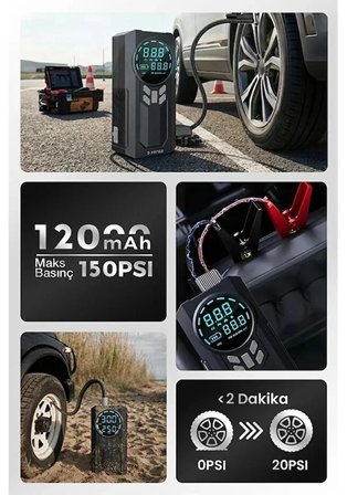 Akü takviye Cihazı Hava Kompresörü 12.000mAh - 150PSI
