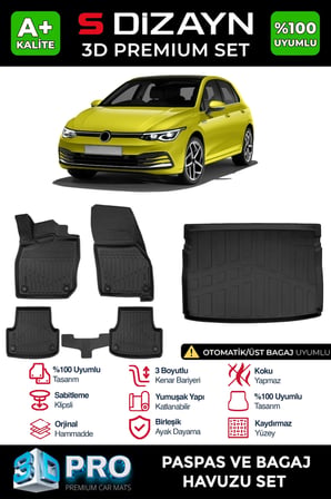 S-Dizayn VW Golf 8 Otomatik 3D Pro Havuzlu Paspas ve Üst Bagaj Havuzu Seti (2'li SET) 2021-2024 A+ Kalite