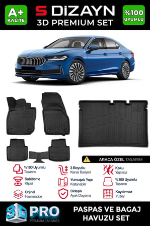 S-Dizayn Skoda SuperB 3D Pro Havuzlu Paspas ve Bagaj Havuzu Seti (2'li SET) 2024 Üzeri A+ Kalite
