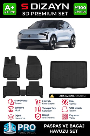 S-Dizayn Volvo EX30 3D Pro Havuzlu Paspas ve Bagaj Havuzu Seti (2'li SET) 2025 Üzeri A+ Kalite