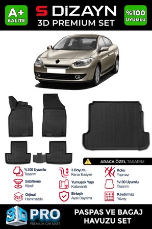 S-Dizayn Renault Fluence 3D Pro Havuzlu Paspas ve Bagaj Havuzu Seti (2'li SET) 2010-2016 A+ Kalite