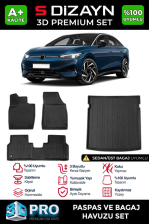 S-Dizayn VW ID7 D Pro Havuzlu Paspas ve Bagaj Havuzu Seti (2'li SET) 2023 Üzeri A+ Kalite