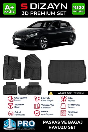 S-Dizayn Hyundai i20 3D Pro Havuzlu Paspas ve Bagaj Havuzu Seti (2'li SET) 2020 Üzeri A+ Kalite