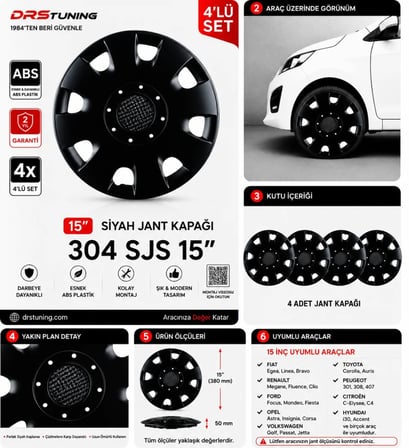 15 Inc Kırılmaz SKS Parlak Siyah Jant Kapağı 1 Takım 4 Adet No:304
