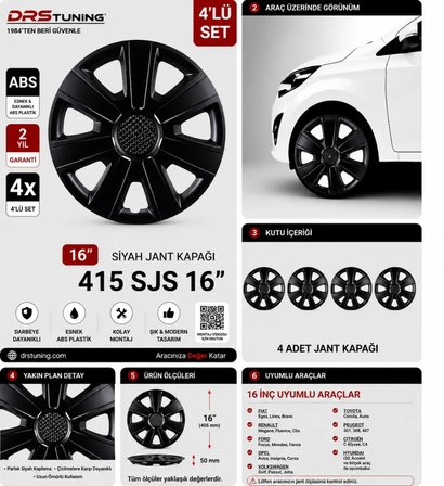 Fiat Uyumlu 16 Inç Kırılmaz Parlak Siyah Jant Kapağı 1 Takım 4 Adet No:415