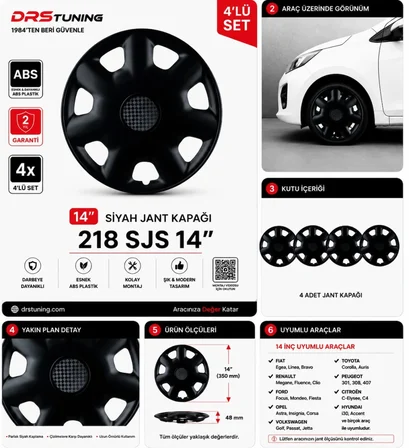 Chery Uyumlu 14 Inç Kırılmaz Parlak Siyah Jant Kapağı 1 Takım 4 Adet No:218