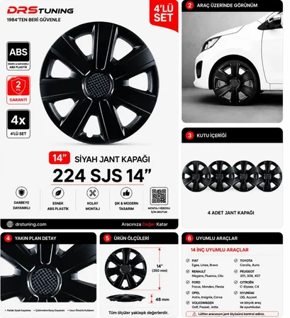Peugeot Uyumlu 14 Inç Kırılmaz Parlak Siyah Jant Kapağı 1 Takım 4 Adet No:224